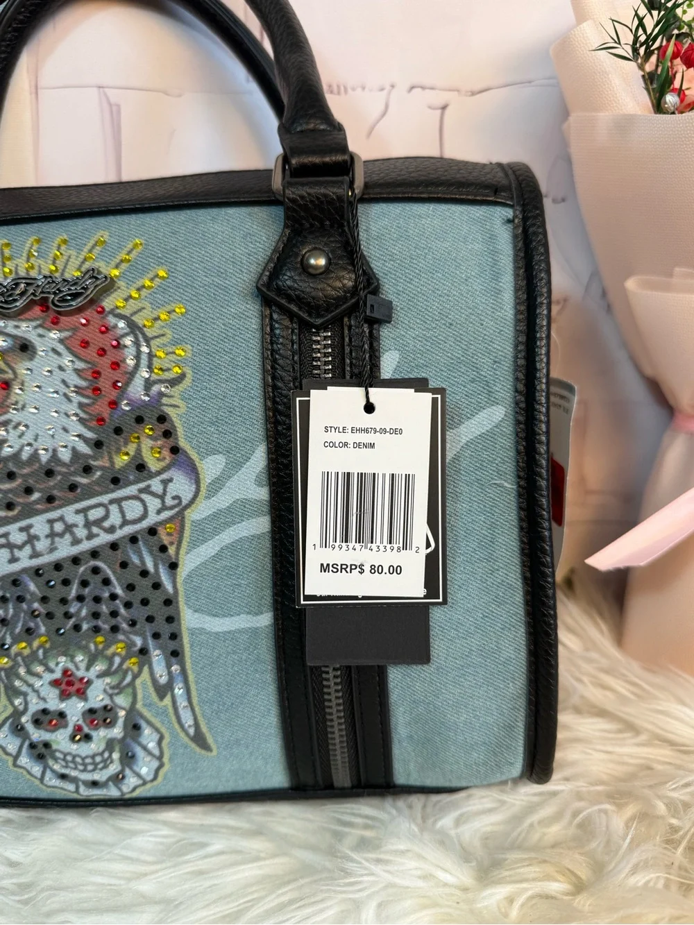 Ed Hardy Denim Blue Studded Eagle Satchel with Black Trim